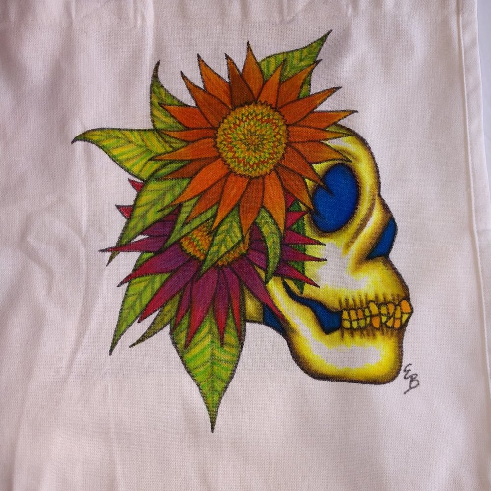 Hand-Painted Skull Tote Bag: Sunflowers Art Canvas Reusable Bag 14x13x7 - Picture 16 of 16